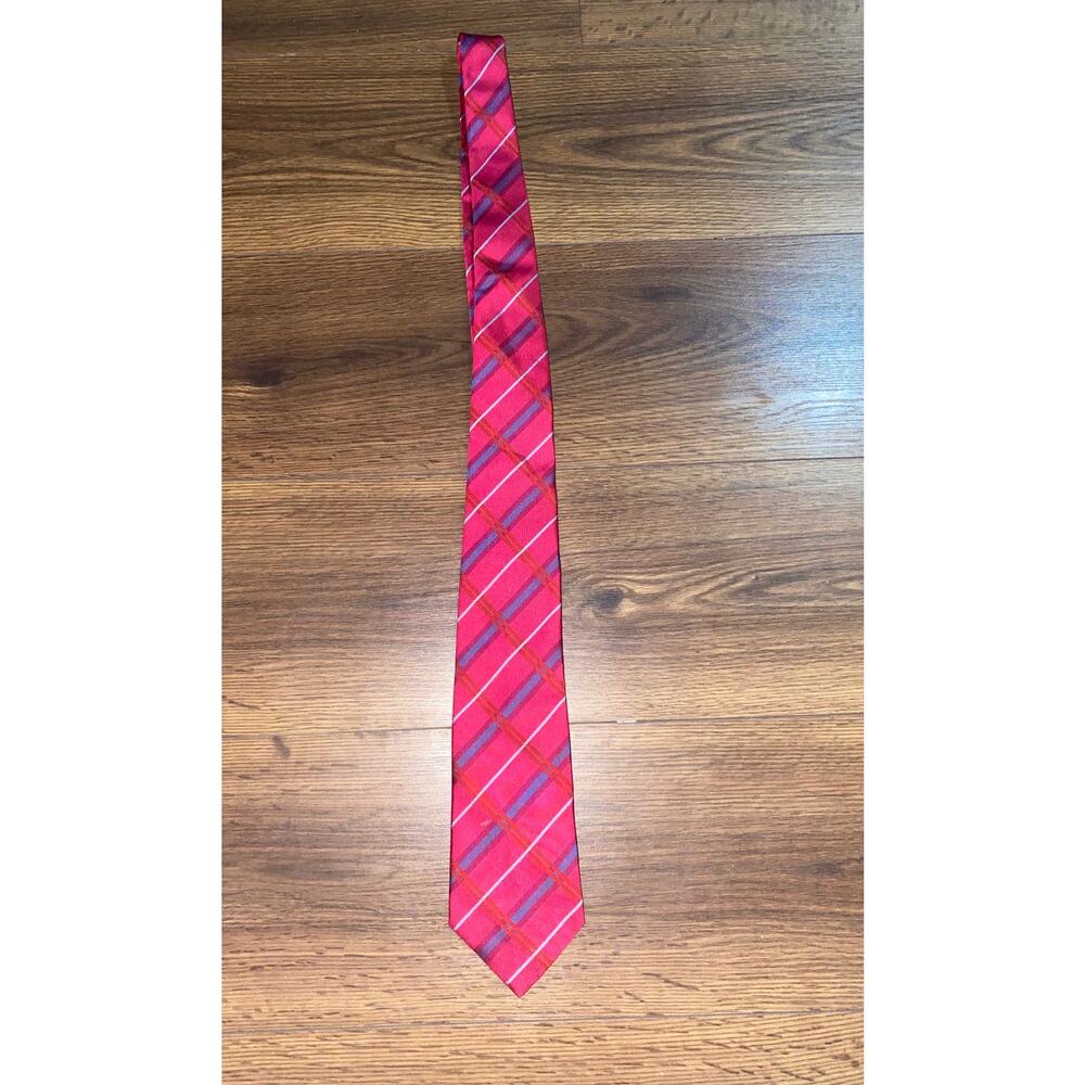 EUC Vintage Hermès Paris Silk Tie Red Pink/Red Plaid Striped Made in France